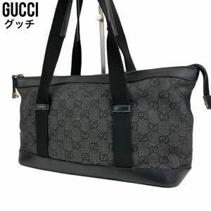 極美品　GUCCI グッチ　ハンドバッグ　GGデニム　ブラック　黒　手提げ　トートバッグ　ショルダーバッグ　92734 2684 レザー　ブラック