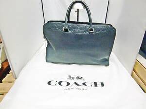 USED COACH レザー ブリーフケース ネイビー シグネチャ柄 保存袋付 コーチ ビジネスバッグ メンズ オールレザー