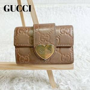 グッチ　キーケース　マイクロシマ　ラブリーハート　5連　ライトブロンズ　GUCCI GG柄