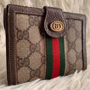 【激レア 美品】GUCCI グッチ オールドグッチ 折財布 3つ折財布 GGスプリーム シェリーライン ヴィンテージ 小銭入れ有り PVC 茶 男女兼用