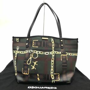 ▼美品 DSQUARED2 ディースクエアード PVC トートバッグ カーキ プリント チェーン ベルト 柄 袋付き 鞄 RC3722