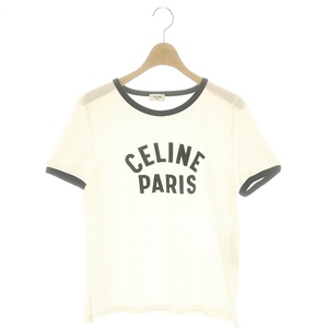 セリーヌ CELINE ロゴリンガーTシャツ カットソー 半袖 パイピング M 白 紺 ホワイト ネイビー 2X855501F /ES ■OS レディース