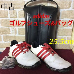 【売り切り!送料無料!】A-89 adidas!ゴルフシューズ!シューズバッグ!セット!白!ホワイト!25.5!赤!黒!ブラック!ゴルフ!中古