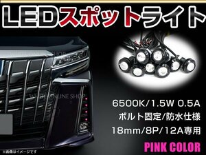 12V 超小型 イーグルアイ LED 18mm スポットライト ピンク/桃色 常時点灯 防水仕様！ブラックボディ 牛目 8個セット