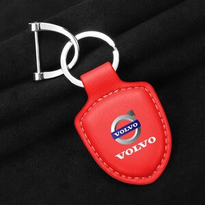 ボルボ VOLVO キーホルダー キーリング キーチェーン 車用 ストラップ 牛革製 薄型 軽量 鍵 カギ メンズ レディース ☆レッド