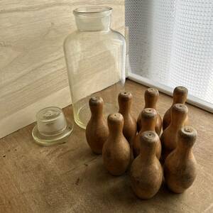 木製ボーリングピン　ミニサイズ　USA　アンティーク　蓋付きガラス瓶　日本製　ヴィンテージ　レトロ