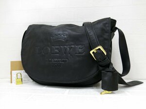 ◆美品◆LOEWE ロエベ◆ロゴ型押し◆レザー 本革◆ショルダー バッグ◆ブラック ゴールド金具◆ヴィンテージ◆斜め掛け◆フラップ◆A7234