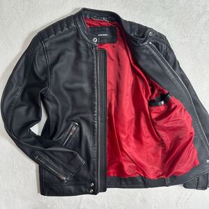 美品◆DIESEL●ディーゼル シングルライダース レザージャケット シープスキン ロゴワッペン 羊革 本革 黒 メンズ ジャケット ブラック M