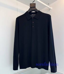 KITON キトン メンズ ニットポロシャツ 長袖Tシャツ トップス ブラック 2XLサイズ 綿 ニットカットソー 紳士服 無地 ウール