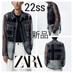 新品未 22ss■ZARA ザラ■メッシュ テクスチャー シャツ ペイズリー M グレー ブラック スナップボタン シャツジャケット ボックス 22ss