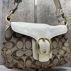 1円【未使用級】COACH コーチ ソーホー ワンショルダーホワイト レザー キャンバス ロゴ型押し シグネチャー 馬車ロゴ ロゴ型押し 金具