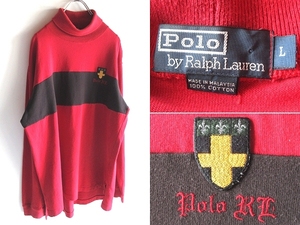 希少 90sビンテージ Polo by Ralph Lauren ポロ ラルフローレン ロゴ刺繍 ワッペン 色切替 コットンフライス タートルネック カットソー L