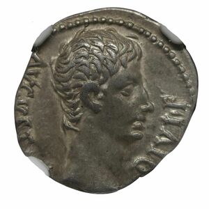 【古代ローマ帝国 初代皇帝 アウグストゥス】 デナリウス銀貨 11-10BC 紀元前 XF4/5-4/5 ルグドナム アンティークコイン 実物資産