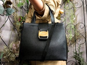 ●超美品●Salvatore Ferragamo フェラガモ●ヴァラ●リザード 型押し レザー 本革●2way ハンド バッグ●黒●G金具●斜め掛け●Js53598