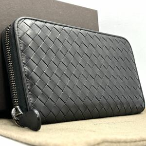 1円【極美品・定価約8万】BOTTEGA VENETA ボッテガヴェネタ イントレチャート ラウンドファスナー ブラック 黒 長財布 財布 レザー メンズ