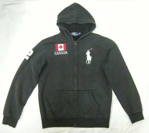 【中古品】★POLO RALPH LAUREN ラルフローレン パーカー ジップアップ ワッペン Lサイズ 黒 100%コットン CUSTOM FITトップス