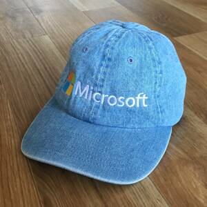 Microsoft マイクロソフト 帽子 キャップ 6パネル ロゴ 刺繍 企業 デニム ライトブルー フリーサイズ サイズ調節可能 古着 美品 希少