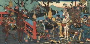 【フルサイズ版】三国志 関羽＆曹操 「通俗三国志 関羽五関破図」 歌川国芳 1853年 壁紙ポスター 特大1167×576mm はがせるシール式 003S1