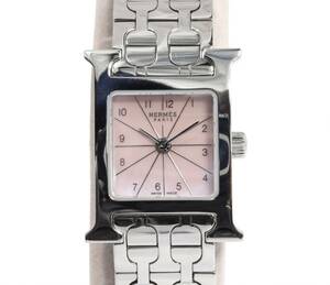 『半年間保証』 HERMES エルメス Hウォッチ ミニ HH1.110 ピンクシェル文字盤 シルバー SS クオーツ 腕時計
