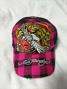 エドハーディ メッシュキャップ 刺繍トラ Ed Hardy used 帽子 ピンクチェック柄