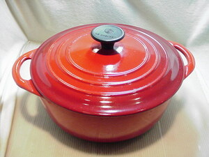 希少★浅め 20cm/1.9L/LE CREUSET/ルクルーゼ/ココット ビス ロンド/チェリーレッド/ブラックマット ホーロー/赤/ジャポネーズ/ビス/USED