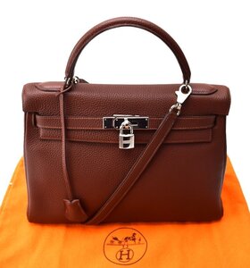 極美品 HERMES エルメス【ケリー32 トリヨンクレマンス 2WAY ハンドバッグ 赤茶×ゴールド金具】 □H刻印