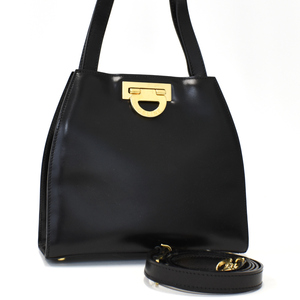 1円 ◎極美品 CELINE セリーヌ 2way ハンドバッグ ショルダー レザー ブラック ゴールド金具 ヴィンテージ◎E.Cii.pD-04