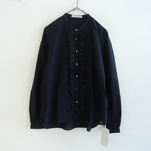 【定価4.9万】ミナペルホネン mina perhonen *moon light シルクコットンピンタックフリルブラウス*38黒(33-2407-732)【42H42】