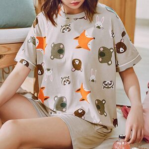 コットン パジャマ レディース 綿 上下セット 春 夏 ルームウェア ガールズ 学生 可愛い 半袖 Tシャツ 部屋着 寝間着 柔らか グレー