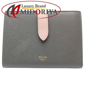 CELINE セリーヌ 二つ折り財布 ミディアムストラップウォレット 10B643BRU.10GV レザー グレー ヴィンテージピンク/180933【中古】