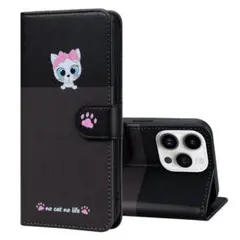 iphone12/12pro手帳柄猫ケース　黒+グレーおしゃれ
