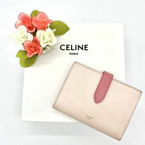 【美品!!】CELINE セリーヌ ミディアムストラップウォレット 折り財布 小銭入れ ピンク フラミンゴ マカダム 夏 海 キャンプ 鑑定済み■