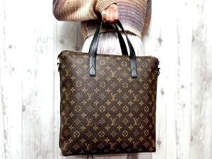 極美品 LOUIS VUITTON ルイヴィトン キタン モノグラムマカサー トートバッグ バッグ M40388レザー 茶×黒 A4可 メンズ 80518Y