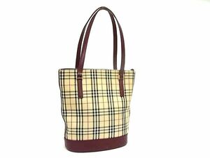 1円 BURBERRY バーバリー ノバチェック キャンバス×レザー トートバッグ ショルダー 肩掛け レディース ベージュ系×ボルドー系 FB7065