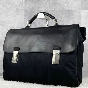 1円 美品 PRADA プラダ ビジネスバッグ ブリーフケース トート ナイロン レザー テスート コンビ ロゴ型押し フラップ 金具 A4 通勤 通学 