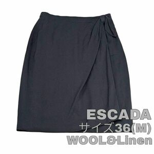 【最終値下げ】256 ESCADA エスカーダ ひざ丈タイトスカート ブラック サイズ36 Mサイズ リボン 黒 ウール リネン 古着 レディース