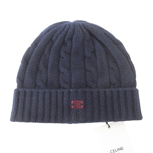 未使用品 セリーヌ CELINE タグ付き CABLE-KNIT TRIOMPHE BEANIE IN CASHMERE ケーブルニット ニット帽 ビーニー カシミヤ混 TU ネイビー