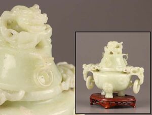 中国古玩 唐物 緑砡石 翡翠 置物 遊環 香炉 時代物 極上品 初だし品 C6345