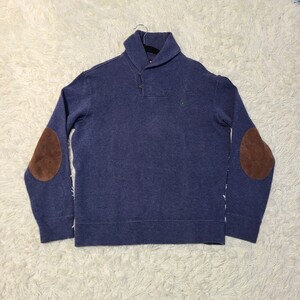 1円 ポロラルフローレン ネイビー スウェット ニット L相当 エルボーパッチ Polo Ralph Lauren レザー ショールカラー ホースロゴ 刺繍