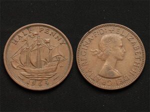 【イギリス】 1964年 ハーフペニー 1/2 Penny エリザベス2世 帆船 銅貨