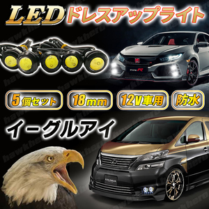 イーグルアイ LED COB ライト 5個 デイライト 12v 18mm 白 スポットライト 埋込型 車用ライト 防水 汎用 高輝度 ホークアイ ドレスアップ