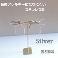 匿名配送　スネークチェーン　リボンピアス　シルバー　ステンレス　金アレ