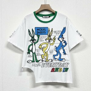 個性ヨーロッパ製※定価2万◆ブルガリア発※RISELIN 半袖Tシャツ 薄手 ゆったり ダメージ加工 ウサギ カットソー アシンメトリー 街着 M/46