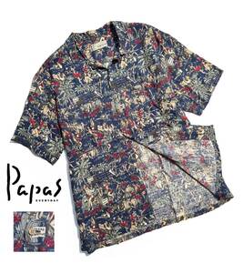 最高級【定価3万超】Papas パパス リネン 半袖シャツ L メンズ 麻100％ アロハ ハワイ柄 総柄【着心地抜群の一枚】ネイビー 日本製 ロゴ