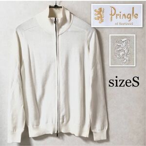 Pringle of Scotland プリングルオブスコットランド　ニット　ジップアップジャケット　sizeS 刺繍ロゴ　アイボリー