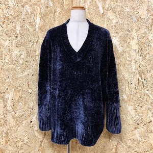 ザラ ZARA KNIT リブニット セーター Vネック 無地 長袖 ビッグシルエット ドロップショルダー ポリエステル100% S ネイビー 紺 レディース