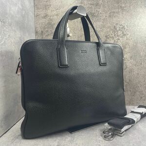 【極美品】ヒューゴボス HUGO BOSS ビジネスバッグ ブリーフケース ショルダー オールレザー ブラック シボ革 ショルダー 2way A4 メンズ