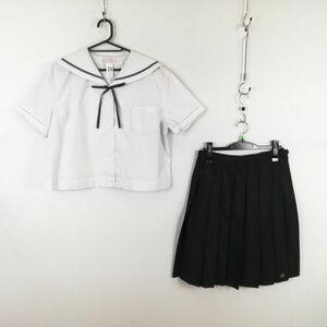 1円 セーラー服 スカート 紐タイ 上下3点セット 180B 大きいサイズ 特大 トンボ 夏物 青2本線 女子 中学 高校 白 中古 ランクC NA9593