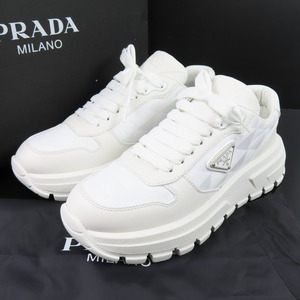 100455PRADA プラダ 未使用品 靴 シューズ 三角ロゴ 37 24cm スニーカー ナイロン レザー ホワイト