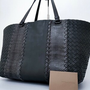 1円■新品同様■定価40万■BOTTEGA VENETA ボッテガ イントレチャート パイソン トートバッグ ビジネス レディース メンズ レザー グレー系